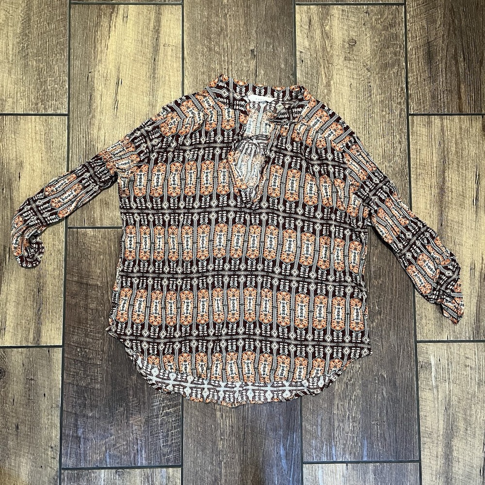 Entro Boho Western Medium Floral Geometric Tribal Blouse Rust Teal Colors